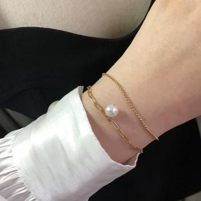 China FASHIONABLE Tasty Delicate Stainless Steel Double Layer Bangle Freshwater Pearl Chain Bangle 18k Gold Plated Pearl Bangle for sale