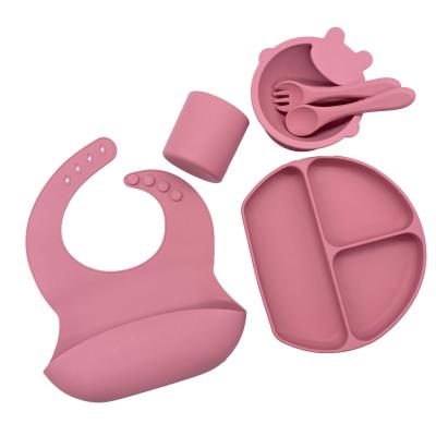 China Silicone Safe Colorful Baby Tableware Set 6pcs BPA Free Suction Feeding Bowl With Spoon Baby Bib Set for sale