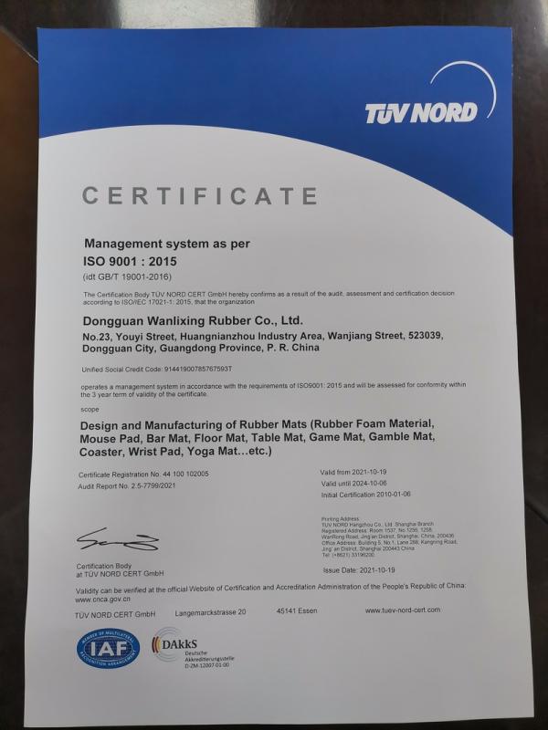 ISO9001 - Dongguan Wanlixing Rubber Co., Ltd.