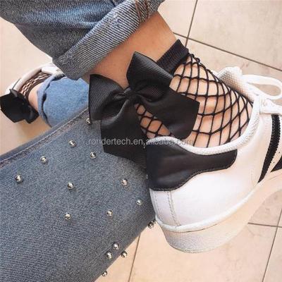 China Fashion Breathable Women Ruffles High Net Big Ankle Socks Bow Tie Mesh Lace Fish Net Short Booties for sale