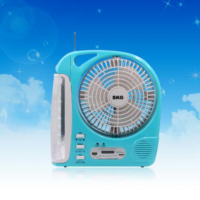 China 8 Inch Rechargeable Table Fan Handy Indoor 6v/Outdoor Long Life Battery with Led Light, FM Radio, USB Speaker for sale