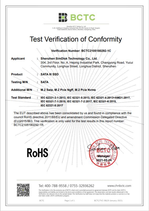 RoHS - Shenzhen SimDisk Technology co.,ltd.