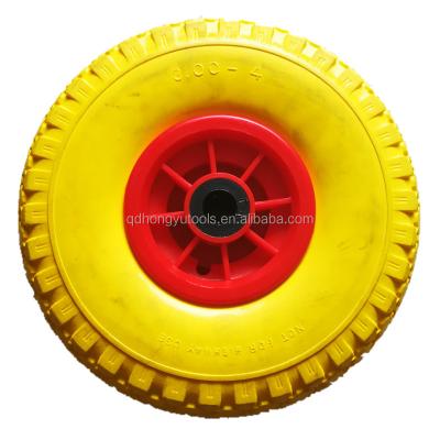 China PU foam 10 inch wheelbarrow wheel PU foam flat tire 300-4 solid freewheel in poly bag 13000pcs request 3.00-4 CN; NHS HONGYU for sale