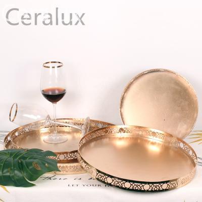 China Factory Wholesale Morden Luxury Round Serving Tray In Gold Metal Frame Luxury Decorative Vanity Tray For Home Decorative for sale