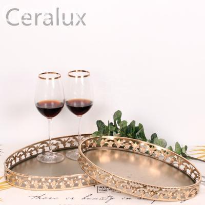 China Morden Size Luxury Quality Gold Oval Metal Tray Coffee Table Food Serving Tray For Home Decor for sale