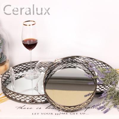 China Morden Luxury Round Metal Mirror Tray Modern Gold Jewelry Tray Serving for Hotel Restaurant Decorative for sale