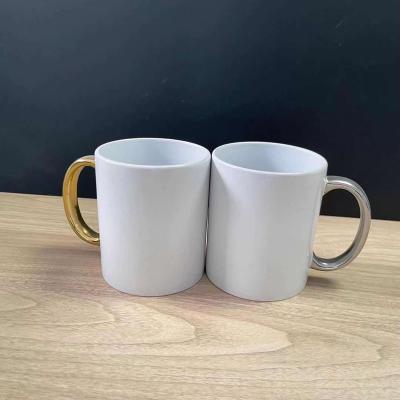 China Custom Disposable 11oz Logo Plated Ceramic Sublimation Gold Custom Handle White Mug for sale