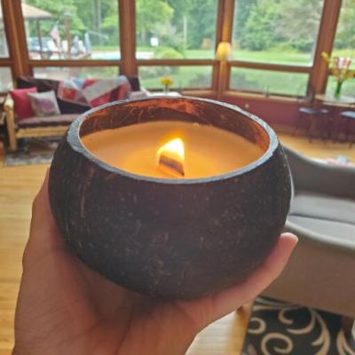 China Weddings Soy Wax Candle in Coconut Shell Bowl with Wooden Slot Wicks Coconut Shells Candle for sale