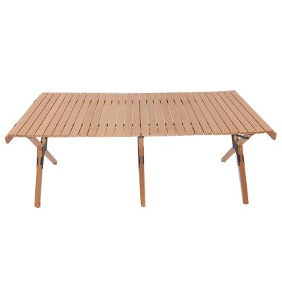 China Lightweight Outdoor Portable Picnic Table Wooden Folding Raising BBQ Camping Beech Wood Egg Roll Table for sale