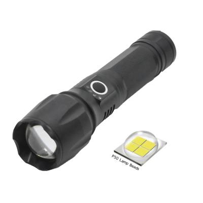 China Zoomable Super Bright Clover P50 Lumens LED Aluminum Tactical Flashlight, Waterproof Zoomable Torch USB Rechargeable LED Torch for sale