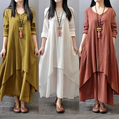 China 2022 viable spring and long-sleeved cotton loose literary linen dress and large autumn two-piece long skirt and linen skirt for sale