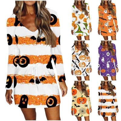 China 2021 European and American women's new washable Halloween V-neck printed sweet and spicy dress mid-length skirt for sale