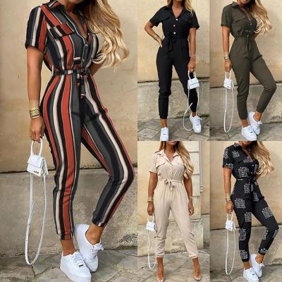 China 2021 Summer Hot Viable Style Women's Casual Overalls Lapel Printed Belt Jumpsuits for sale