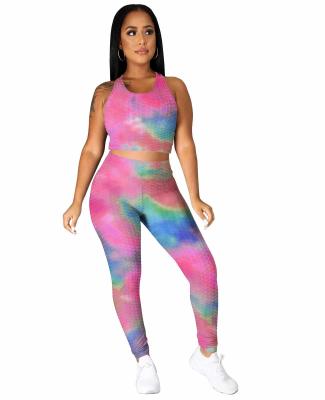 China Breathable Tie Dye Suit With Sleeveless Vest And Pants Yoga Pant Sets Sleeveless Tank Top Women Clothingyoga Suit Sport Wear for sale