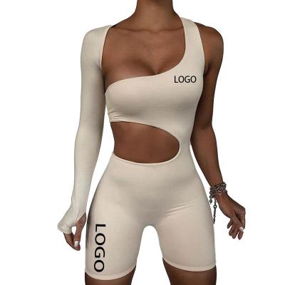 China Anti-Static Custom Logo 2021 Women Clothing One Shoulder Breathable Overalls Long Sleeve Jumpsuit Plain Shorts Sets For Girls Solid Skinny for sale