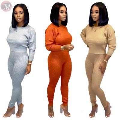 China D96459 Anti-wrinkle fashion solid color round neck sweater two-piece pant suit set women clothing for sale