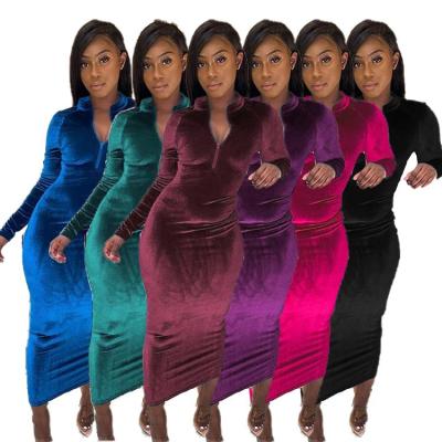 China 2021new arrival Anti-wrinkle dresses elegant black dress bodycon long sleeve velvet dress for sale