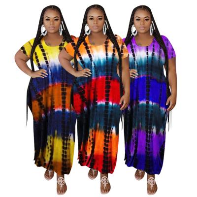 China 2021 Hot Selling Breathable Product Sleeve Tie Dye Short Boho Elegant Plus Size Maxi Dress Beach Dress for sale