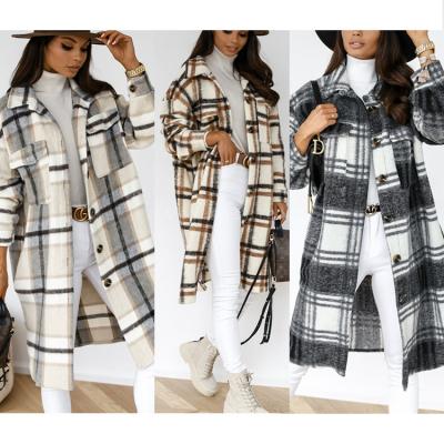 China 2021 Fashionable Women Long Sleeve Casual Plaid Long Jacket Coats For Ladies Turn-down Collar Knitted Regular Sleeve Slim Spring for sale