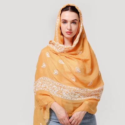 China FENNYSUN 90*180 Big Long Feeling Shawl Plaid Cashew Nut National Border Soft Smooth Cotton And Hemp Embroidery Muslim Hijab Headscarf for sale