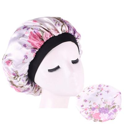 China Free size flower satin copy of daily life sleep hat FENNYSUN small around elastic wide brim artificial silk night headwear hair care for sale