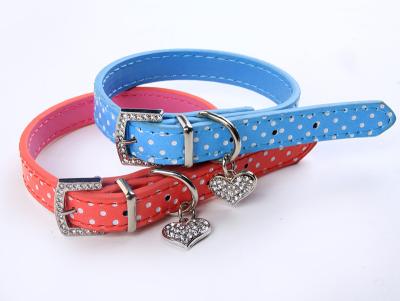 China Heart pendant rhinestone leather dog collar 3 sizes 3 colors for sale