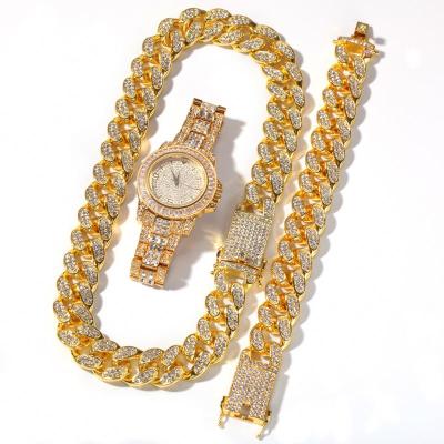 China TRENDY 2022 New 90067 Hip Hop Rose Gold Cuban Link Chain Bracelet Necklace Iced Out Women And Men Quartz Watches Jewelry Set Gift for sale