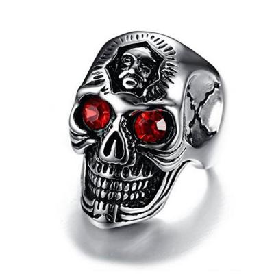 China Hot Custom Made Punk Silver Skull Ring For Men Stone Stainless Steel 2022 FASHIONABLE Ring Skull Head Red Eye for sale