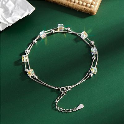 China Fashionable 2022 Beautiful 925 Silver Double Layers Beaded Chain Bracelet Crystal Cube Charm Shiny Cube Bracelet for sale