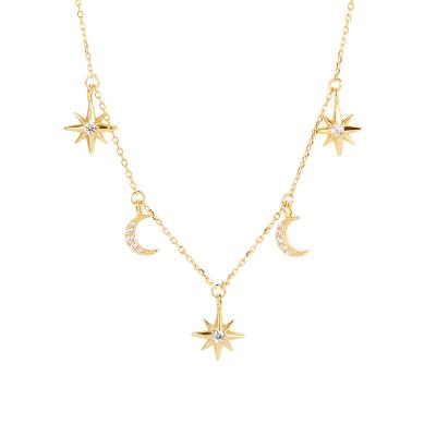 China 2022 NEW Fashion Trendy Zircon Star Moon Shining Necklace Gold Plated 925 Sterling Silver Stacking Necklace for sale