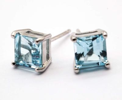 China Real Simple Modern Minimal Silver Square Topaz Gemstone Studs Earrings Swiss Blue for sale