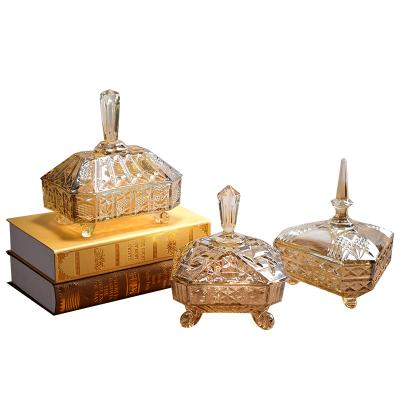 China Tableware Wholesale Customize Decoration Glass Storage Jar Gold Glass Candy Box for sale