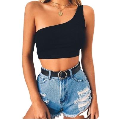 China Americans QUICK DRY halter ribbed solid color one shoulder crop top women sexy crop top for sale