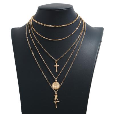 China Multi Creative Rose Statue Coin Necklace For Women Girls Women Girls Gift Cross Layer Chain Jewelry Necklace Fashion Retro New for sale