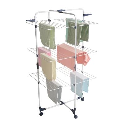 China 25M Minimalist Hot Selling 3 Tier Foldable Tower Type With Wheels Stand Up Laundry Folding Metal Clothes Drying Rack for sale