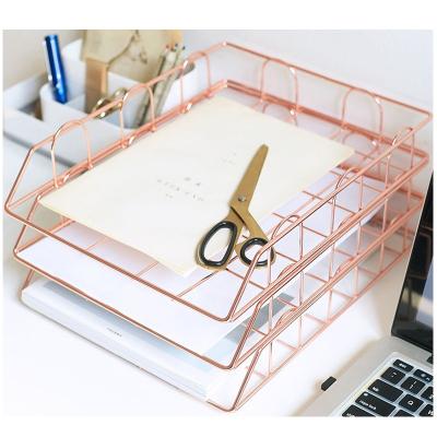 China Wideny Folding Desk 3 Tier CLASSIC Tray Organizer Wire Metal Copper Rose Gold Document Letter Tray for sale