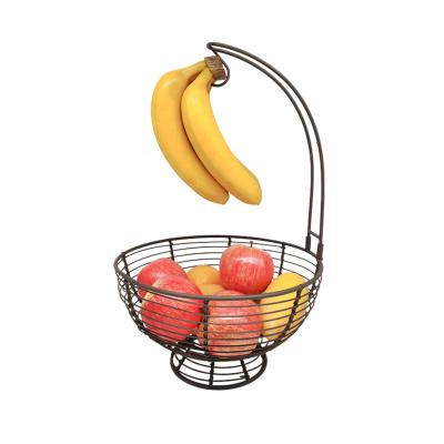 China Wholesale 2 Tier Sustainable Amazon Countertop Organizer Vegetable Bowl Holder Rack Kitchen Storage Nordic Fruit Basket With Banana Hook for sale