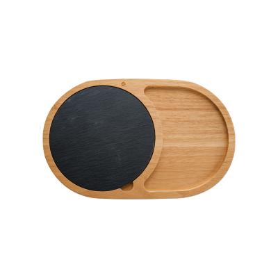 China Sustainable Rustic Style Slate Cutting Board Oval Shape Acacia Wood Steak Carving Serving Board With Groove for sale