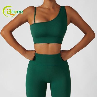 China Custom Logo Fashion Breathable 2 Piece Seamless Yoga Leggings Ribbed Set Yoga Wear 2022 Sports Clothing Set One Shoulder Yoga Pant Set for sale