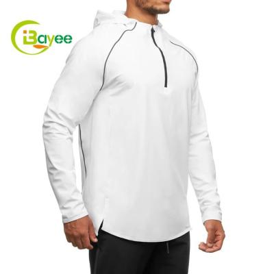 China Custom Mens Fitness Breathable Slim Fit Gym Wear Hoodie Long Half Sleeve Zipper Pull Over Sporty Workout Hoodie With Contrast Stitching for sale