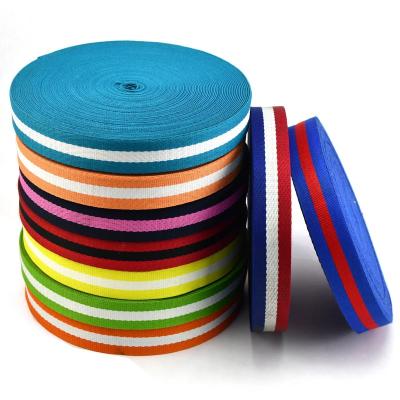 China Custom Bags Ribbon 38 Mm , 25 Mm Three Color Stripe Pattern Polyester PP Woven Sash Ribbon For Bag Clothing for sale