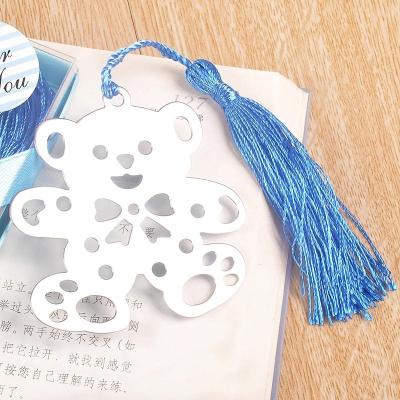 China Wedding Party Return Gifts Silver Stainless Steel Blue Tassel Bear Bookmark For Wedding Baby Shower Party Birthday Favor Gift Souvenirs for sale