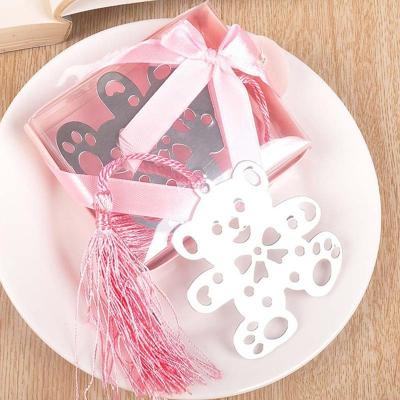 China Wedding Party Return Gifts Silver Stainless Steel Pink Tassel Bear Bookmark For Wedding Baby Shower Party Birthday Favor Gift Souvenirs for sale