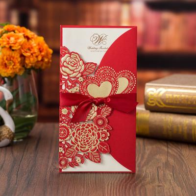 China Europe Laser Cut Rose Heart Wedding Invitations Card Greeting Cards Customize With Ribbon Wedding Decoration Event Party Supplies for sale