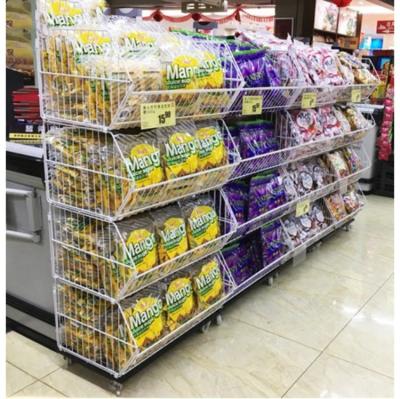 China 1)supermarket 2)warehouse 3)shops low price snack shelf basket shelf rack metal diagonal wire display rack small for supermarket commissary grocery store for sale