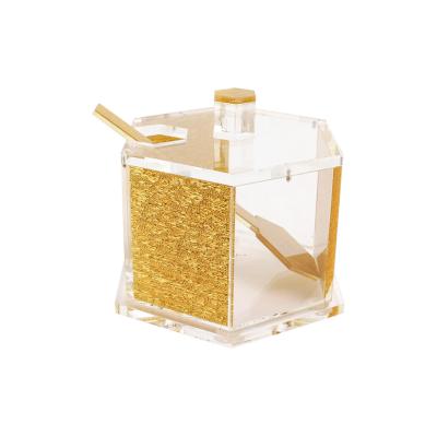 China Morden Lucite Hexagon Rosh Hashana Honey Dish with Spoon Gold Glitter Magnet Lid for sale