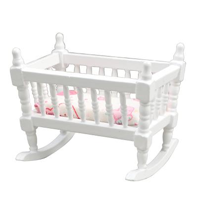 China 1:12 White Dollhouse Furniture Model Baby Decoration Wooden Room Miniature Accessories White Crib for sale