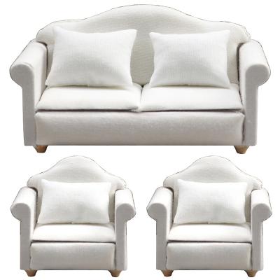 China 1:12 Dollhouse Mini Furniture Model Living Room Micro Scene Pure White TOY Sofa 3 Pieces Set With 4 Pillows for sale