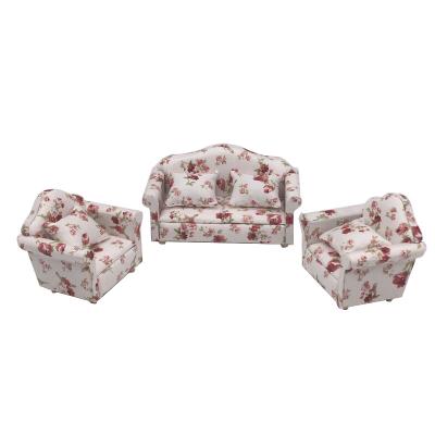 China MODEL TOY 1:12 Dolls House Furniture Sofa Set /3 Miniature Sofa Loveseat With Floral Cushion Living Room Furniture for sale