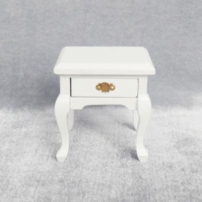 China Festival 1:12 Scale Furniture Wooden Miniature Bedside Table with Opening Drawer Side Cabinet Shelving Cabinet in White for sale